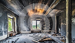 Empty burned room with window. Damaged apartment after house fire, charred walls and ceiling