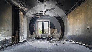 Empty burned room with window. Damaged apartment after house fire, charred walls and ceiling