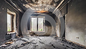 Empty burned room with window. Damaged apartment after house fire, charred walls and ceiling