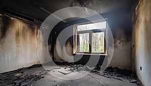 Empty burned room with window. Damaged apartment after house fire, charred walls and ceiling