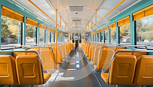 Empty bus seats inside a modern vehicle, waiting for passengers generated by AI