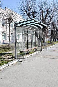 Empty bus stop, A bus stop for public transport in the city on an overcast summer morning