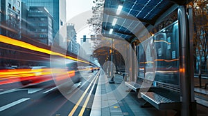 Empty bus stop near the road with cars passing through with sunset falling on buildings in the city