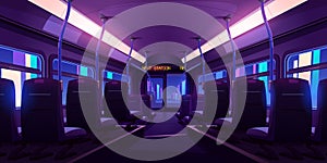 Empty bus or train interior with chairs at night
