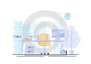 Empty business man`s office with a pile of documents. Vector illustration - Vector illustration