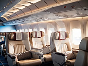 Empty cabin of a private plane with comfortable seats, in flight. luxury airplane interior. This photo was generated