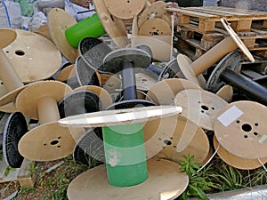 Empty cable reels on a construction field