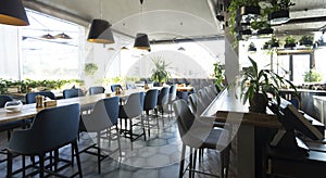 Empty cafe or bar interior with long table with chairs