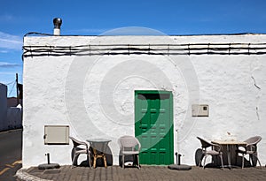 Empty cafe and a house with green door, Yaiza, Lanzarote