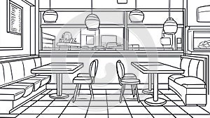 Diner Booths and Tables Line Art Retro Restaurant Interior Scene