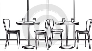 Cafe Table Sketch, Empty Chairs, Coffee Mugs, Line Art
