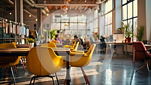 Empty Cafe Interior with Tables and Chairs in City Street Setting