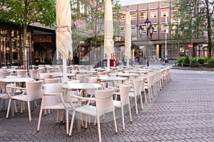 Empty cafe on the street in the early morning in the city of Nuremberg