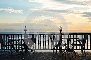 Empty cafe at sunrise on the beach in Antalya