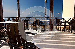 Empty Cafe: Thira, Greece.