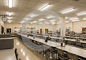 Empty cafeteria with rows of long,