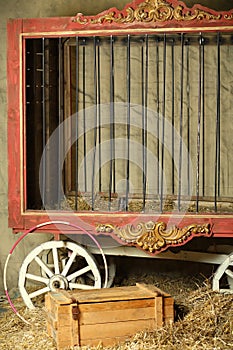 Empty cage for animals with gold ornament in