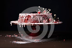 an empty cake stand with small crumbs and icing left