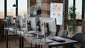 Empty call center office with computers and monitors on desk