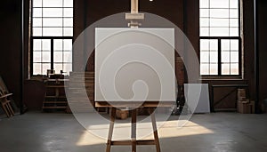 Empty canvas on easel in a artist warehouse