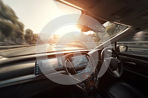 An empty car interior with monitors and motion sensors moving along the highway.