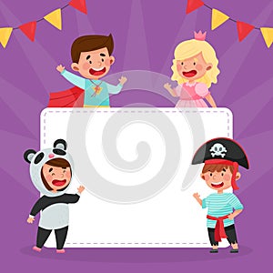 Empty Card with Cute Kid Character in Fancy Dress or Costume Talking Vector Template