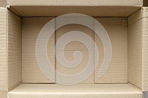 Empty cardboard box. Close up inside view of cardboard packaging box