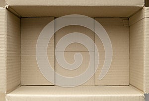 Empty cardboard box. Close up inside view of cardboard packaging box