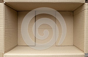 Empty cardboard box. Close up inside view of cardboard packaging box
