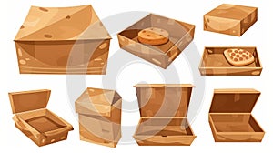 An empty cardboard box of different shapes isolated on a white background. A modern cartoon set of brown shipping boxes