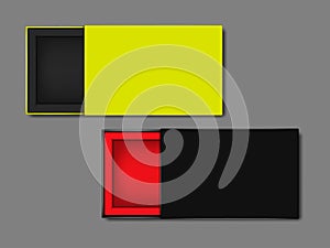 Empty cardboard box with open lid. Vector template. Black and bright neon colored paper packaging box. Easy to recolor