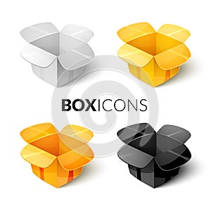 Empty cardboard packaging, open box icon in cartoon style