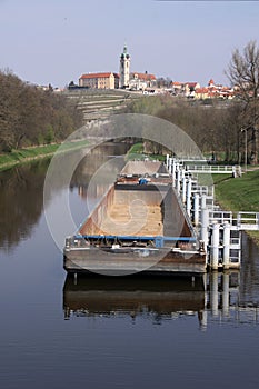 Empty cargo ships on the river by the Melnik