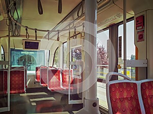 Empty carriage of Istanbul tram in the morning