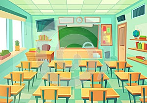 Empty cartoon classroom. School room with class chalkboard and desks. Modern mathematical classrooms interior vector