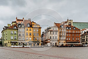 Empty Castle Square in Warsaw,capital of Poland.Historic downtown with colorful Renaissance and Baroque merchants houses.Town