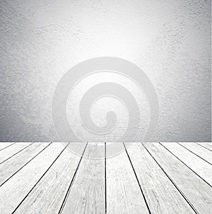 Empty cement wall and wood flor in perspective background photo
