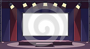 Empty Central Stage with Large Blank Screen on White Background.