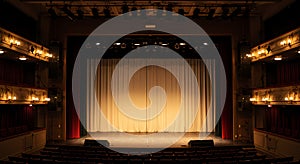 Empty Central Stage with Large Blank Screen on White Background.