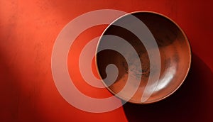 Empty ceramic bowl on a red background. Top view. Copy space.