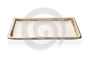 Empty ceramic plate with brown edge, Rectangular plate isolated on white background with clipping path, Side view