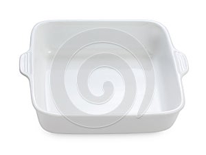 Empty ceramic square baking dish isolated on white background