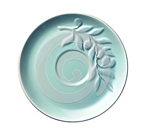 Empty ceramics plates, Blue plate with leaf pattern, View from above isolated on white background with clipping path