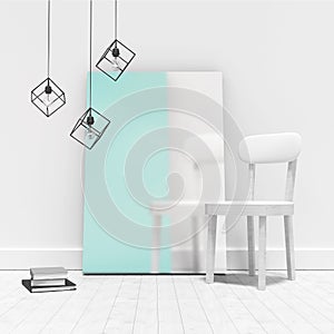 Empty chair by blank picture frame against wall