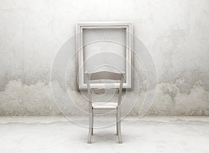 Empty chair in front of an empty picture frame