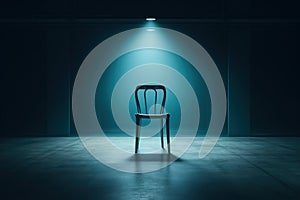 Empty chair in the rays of a spotlight against the background of concrete walls