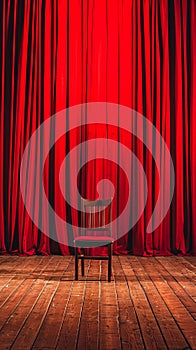 Empty chair on stage with red curtains backdrop