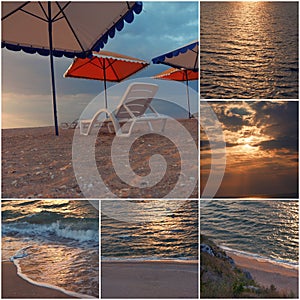 Empty chair stand on beach under opened umbrella sunset time collage of toned images