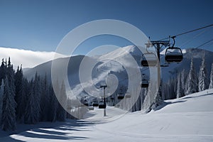 An empty chairlift on a background of snowy slopes and blue sky. Winter landscape of the ski resort. Winter sports during the