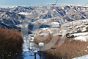 Empty chairlifts. Santo Stefano d`Aveto ski area. Genoa province. Liguria. Italy